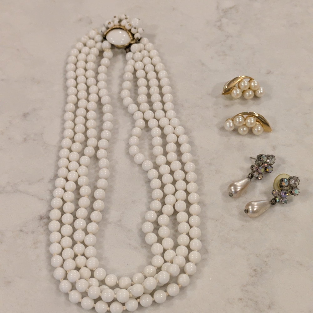 Vintage Set Of 3. Classic White Beaded Necklace And 2 Earrings